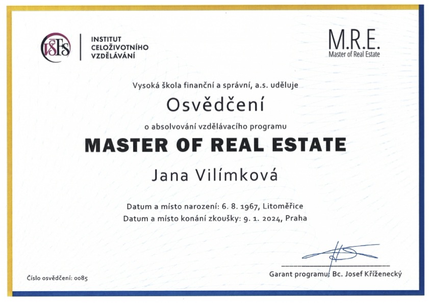 Certifikát absolvování workshopu Master of real estate