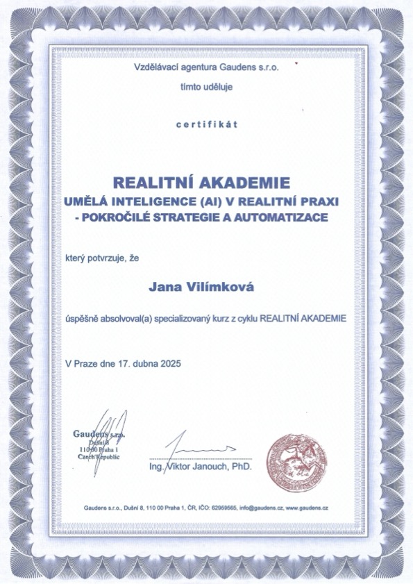 Certifikát absolvování realitní akademie AI v realitní praxi