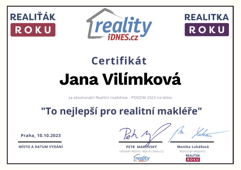 Certifikát absolvování Realitní roadshow podzim 2023