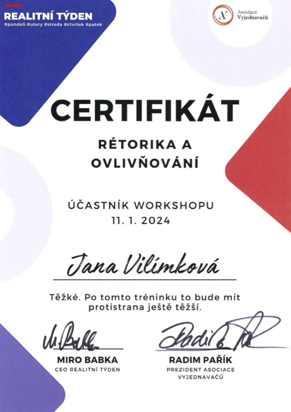 Certifikát absolvování workshopu Rétorika a ovlivňování