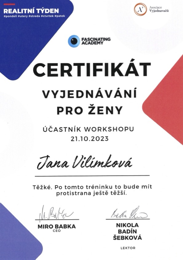 Certifikát absolvování workshopu Vyjednávání pro ženy